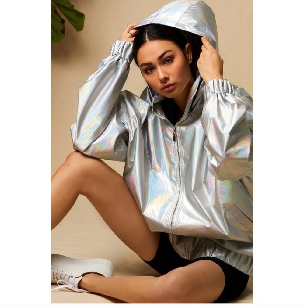 Iridescent Silver Hooded Bomber Jacket